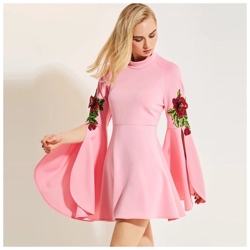 Retro Pink Sequin Flower Appliqué Dress - Picture 2 of 5